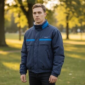 Vintage Perry Ellis America‎ Blue Stripe Puffer Jacket XXL Hooded Winter